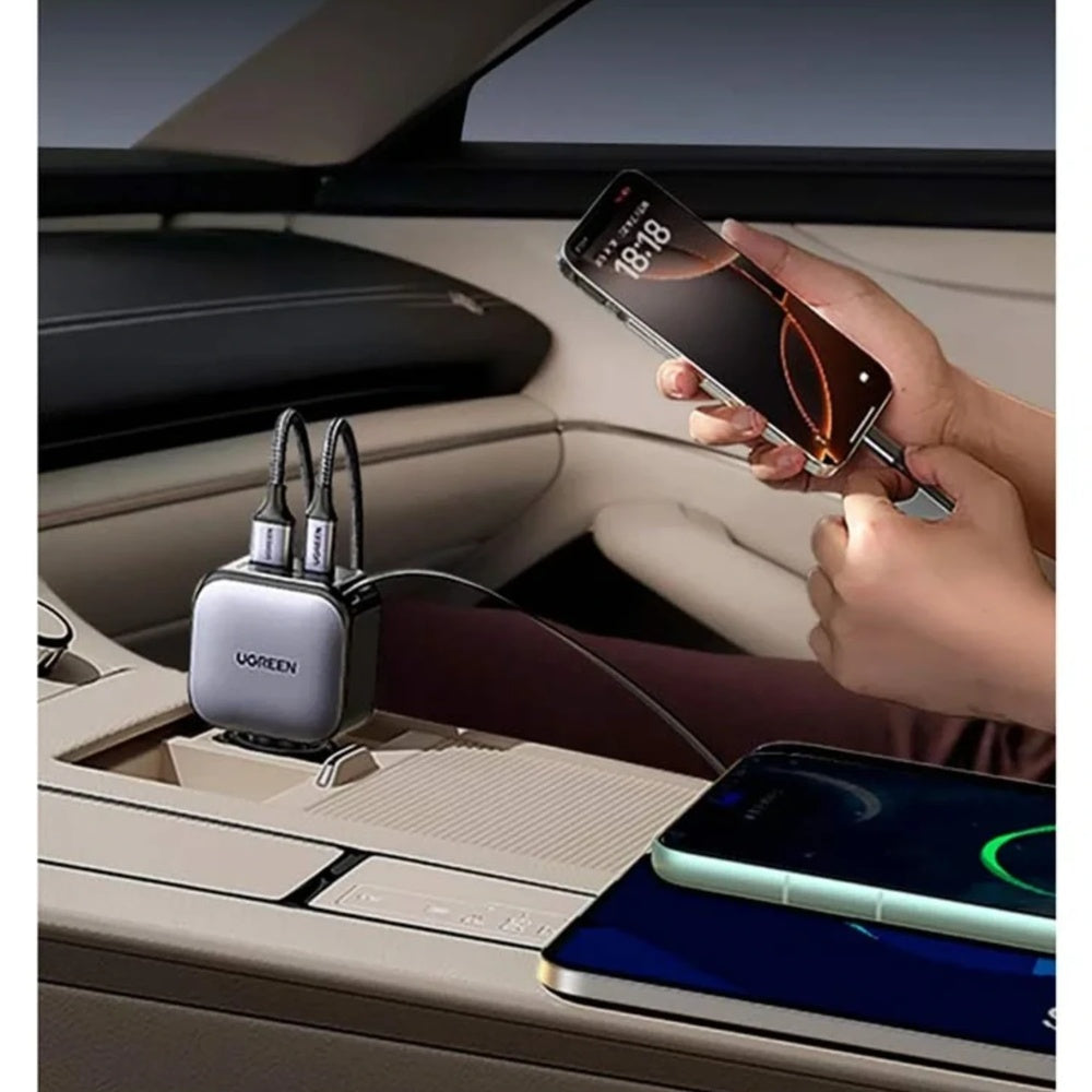 Cargador Ugreen de Vehiculo 60W con Cable Retractil 70cm Puertos 1xUSB-A 1xUSB-C Compatibilidad Universal 55212B