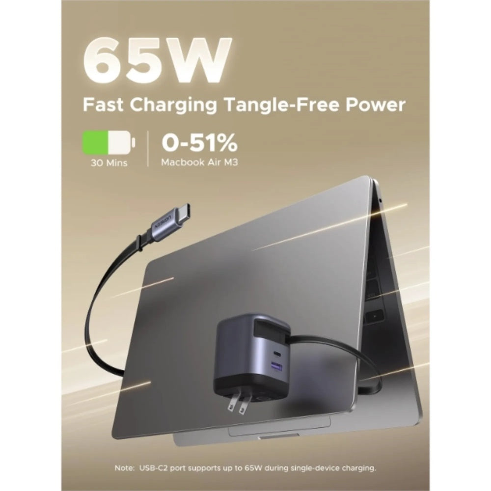 Cargador Ugreen 65W Nexode GaN Incluye Cable Retractil 70cm Puertos 1xUSB-C 1xUSB-A Proteccion Electrica 65824