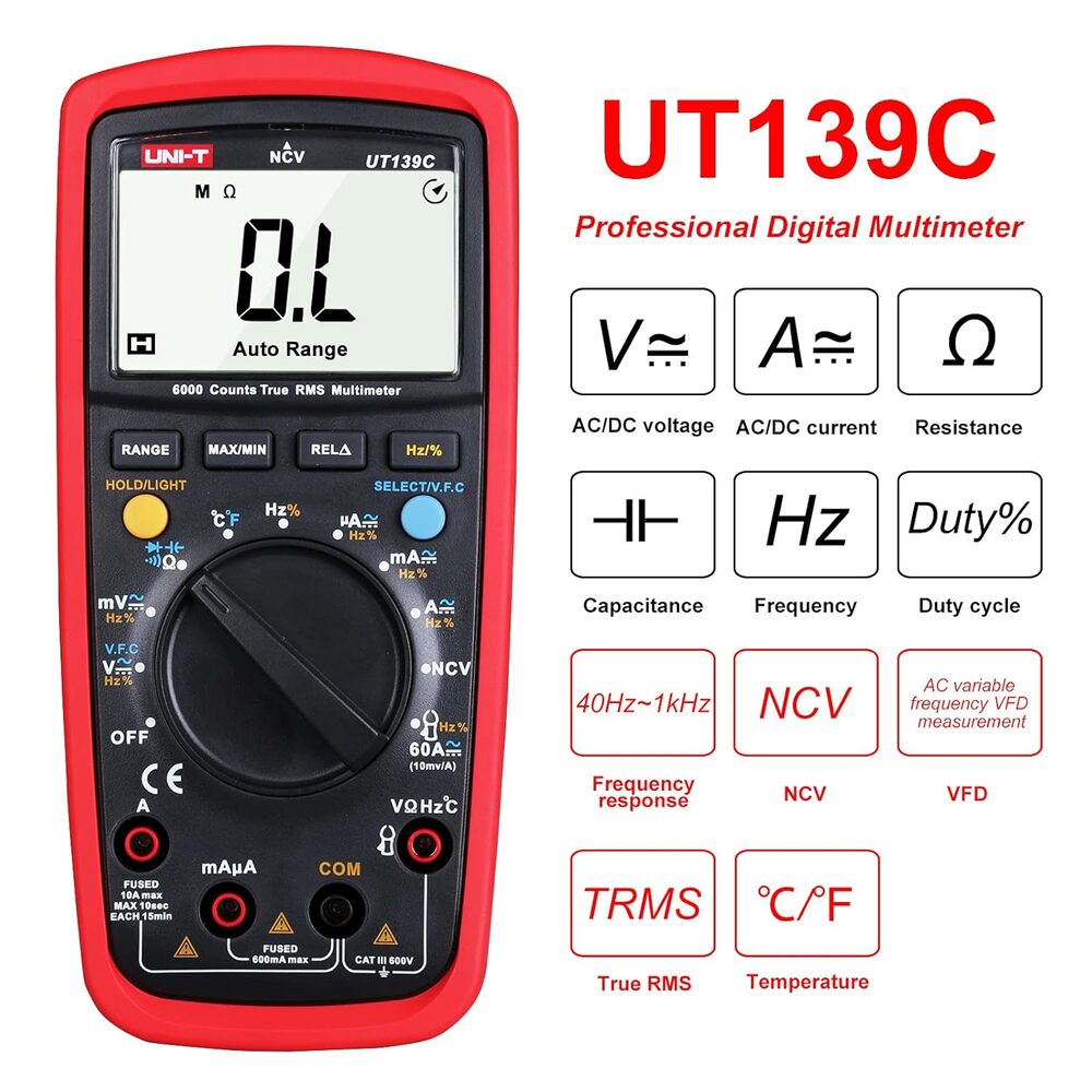 Multimetro Digital Uni-t hasta 600V AC DC 10A AC DC Resistencia Capacitancia Frecuencia UT139C