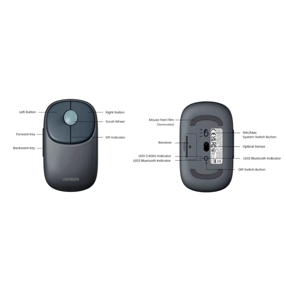Mouse Ugreen Inalambrico Dual 2.4GHz y BT 4000DPI Ergonomico 5 Botones Bateria Interna hasta 3 meses aprox. 90538