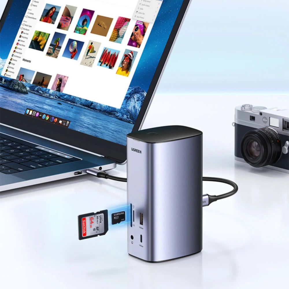 Hub Ugreen Multipuertos 12en1 Conexion USB-C Expande 3 o 4 Monitores WIN MAC PD 100W Transferencia 10Gbps Aluminio 90325
