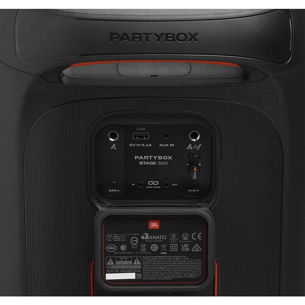 Parlante JBL Partybox Stage 320 Sonido Potente Show de Luces Futurista Ruedas y Jalador Telescopico Auracast Bateria hasta 18