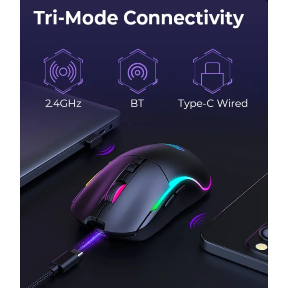 Mouse Gamer Havit RGB 6 Niveles Ajustables hasta 10000 DPI Triple Conexion 2.4GHz BT v5.0 y USB-C Recargable MS1020WB-BK