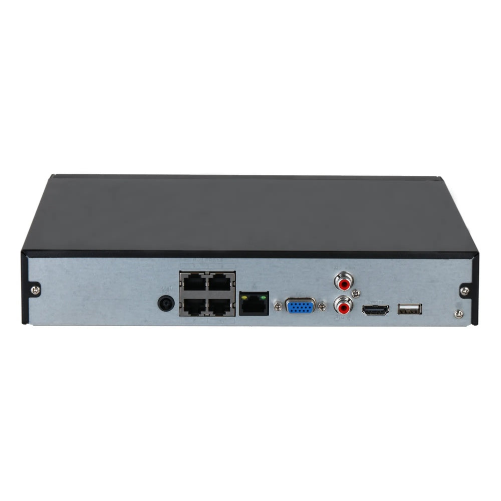 Grabador IP Dahua 4 Canales PoE 4K hasta 12MP Proteccion Perimetral y SMD USB HDMI VGA 1xHDD 20TB DHI-NVR2104HS-P-4KS3