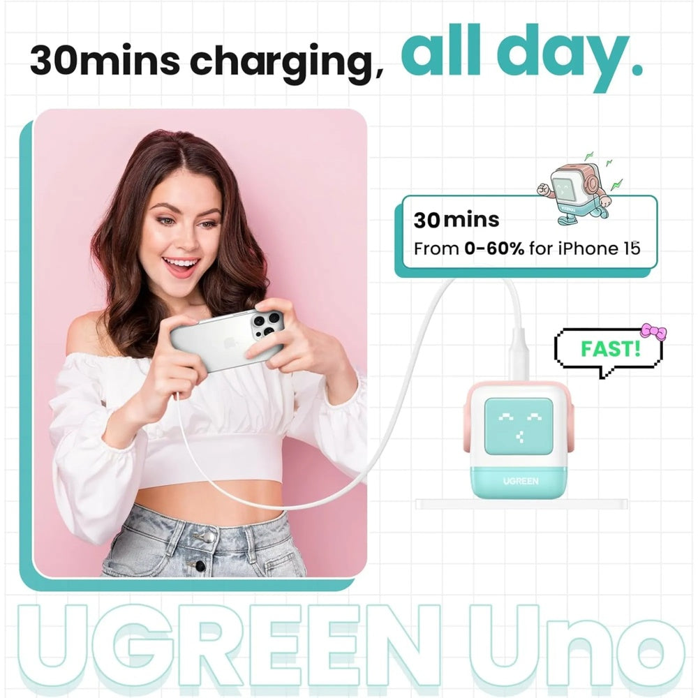 Cargador Ugreen USB-C 30W Nexode Robot GaN con Pantalla LED Puerto 1xUSB-C color Rosa+Azul 45089