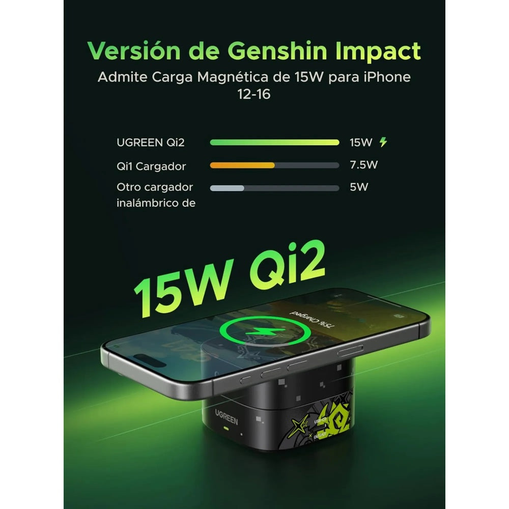 Cargador Ugreen 2en1 Genshin Impact 15W Plegable Portatil Elegante Proteccion Inteligente para Bateria 35316GI