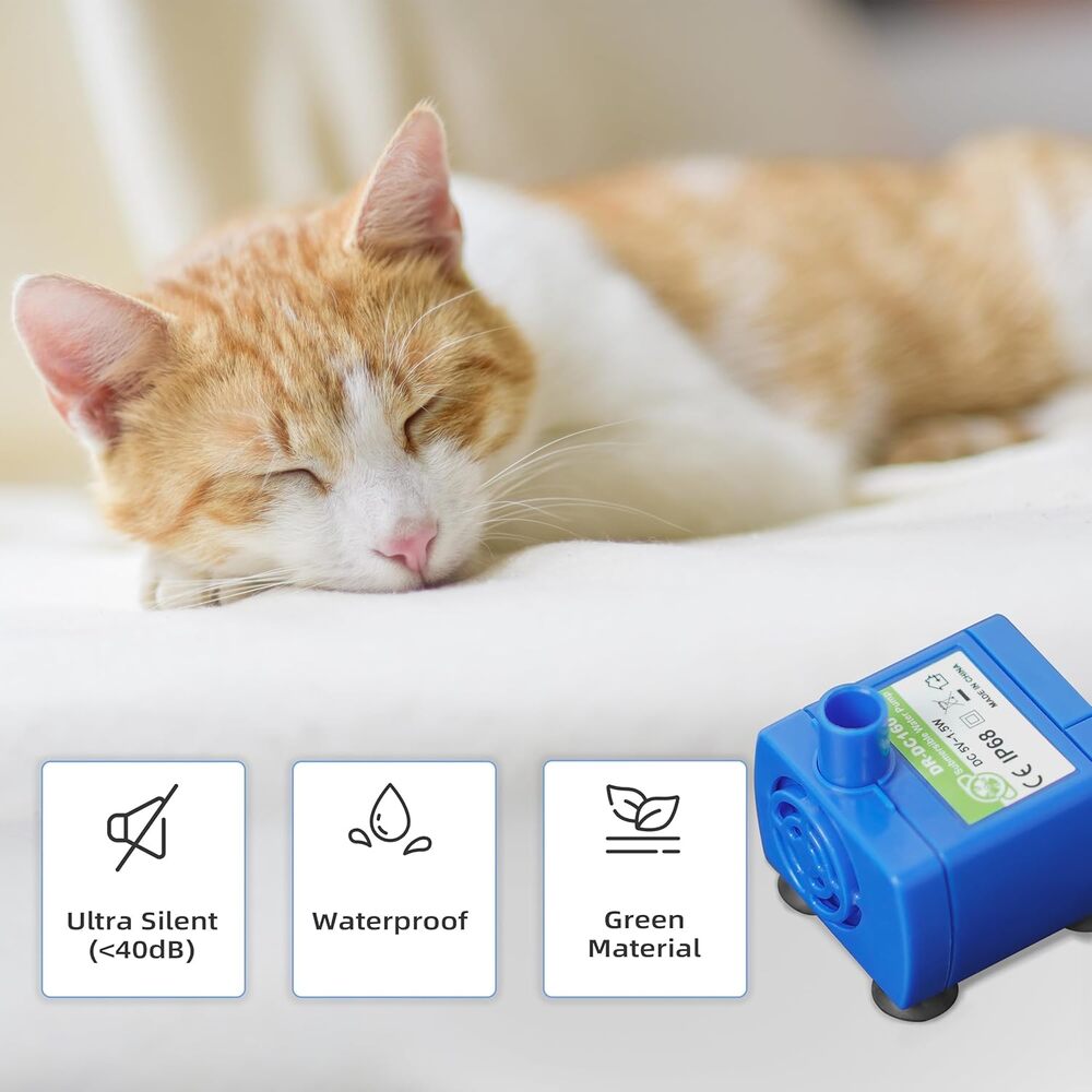 Bomba de agua sumergible IP68 para Fuente o Beberedo de Agua para Perros y Gatos Puerto USB-A 5VDC 1.5W Luz LED DR-DC160