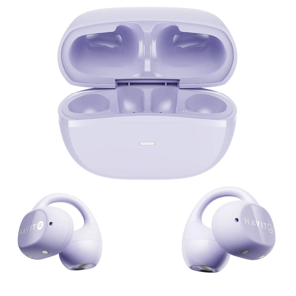 Auriculares Havit Inalambricos de Oido Abierto Cancelacion de Ruido BT v5.4 Puerto USB-C IPX5 Purpura OWS916 LITE-PRP