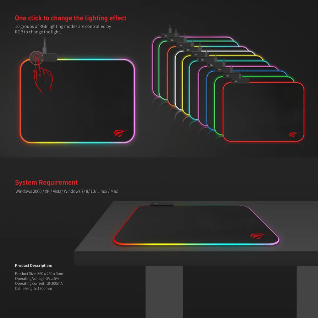 Mouse Pad Gamer Havit con 10 Grupos de ILuminacion RGB Cable 1.8m 36x26cm MP901