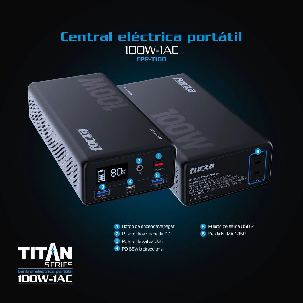 Fuente de Alimentación Portatil Forza de 100W Salida 1xNEMA 5-15R 2xUSB-A 1xUSB-C PD 65W Bateria LifePO4 FPP-T100