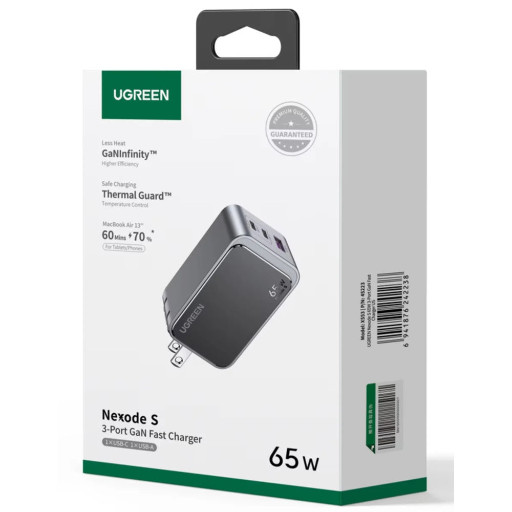 Cargador Ugreen 65W Nexode S GaN Puertos 1xUSB-A 2xUSB-C 3 Cargas en Simultaneo 45223