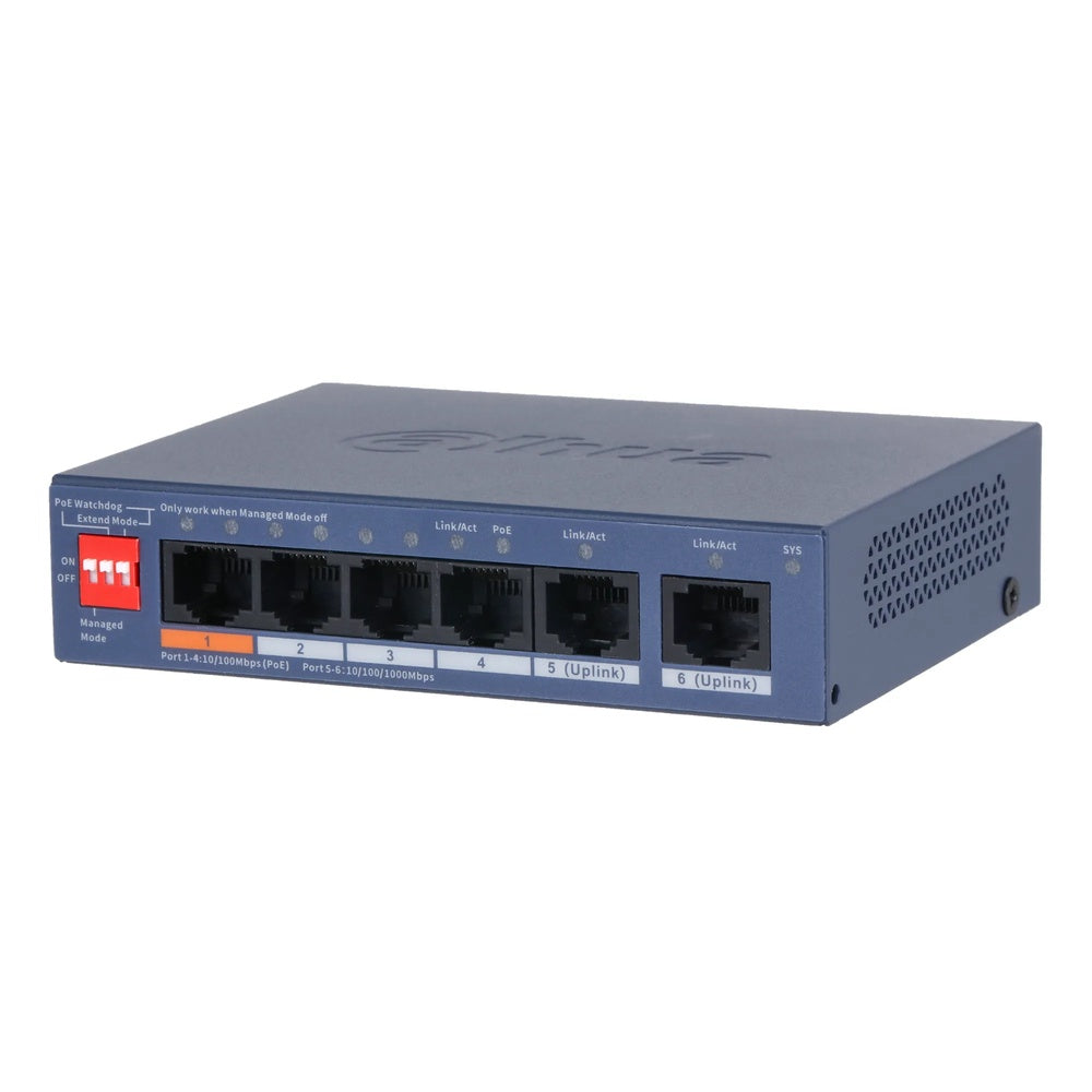 Switch Administrable Dahua 6 Puertos 4xPoE 2xGigabit Hi-PoE PoE Watchdog 250m IEEE 802.1Q VLAN DH-CS4006-4ET2GT-60