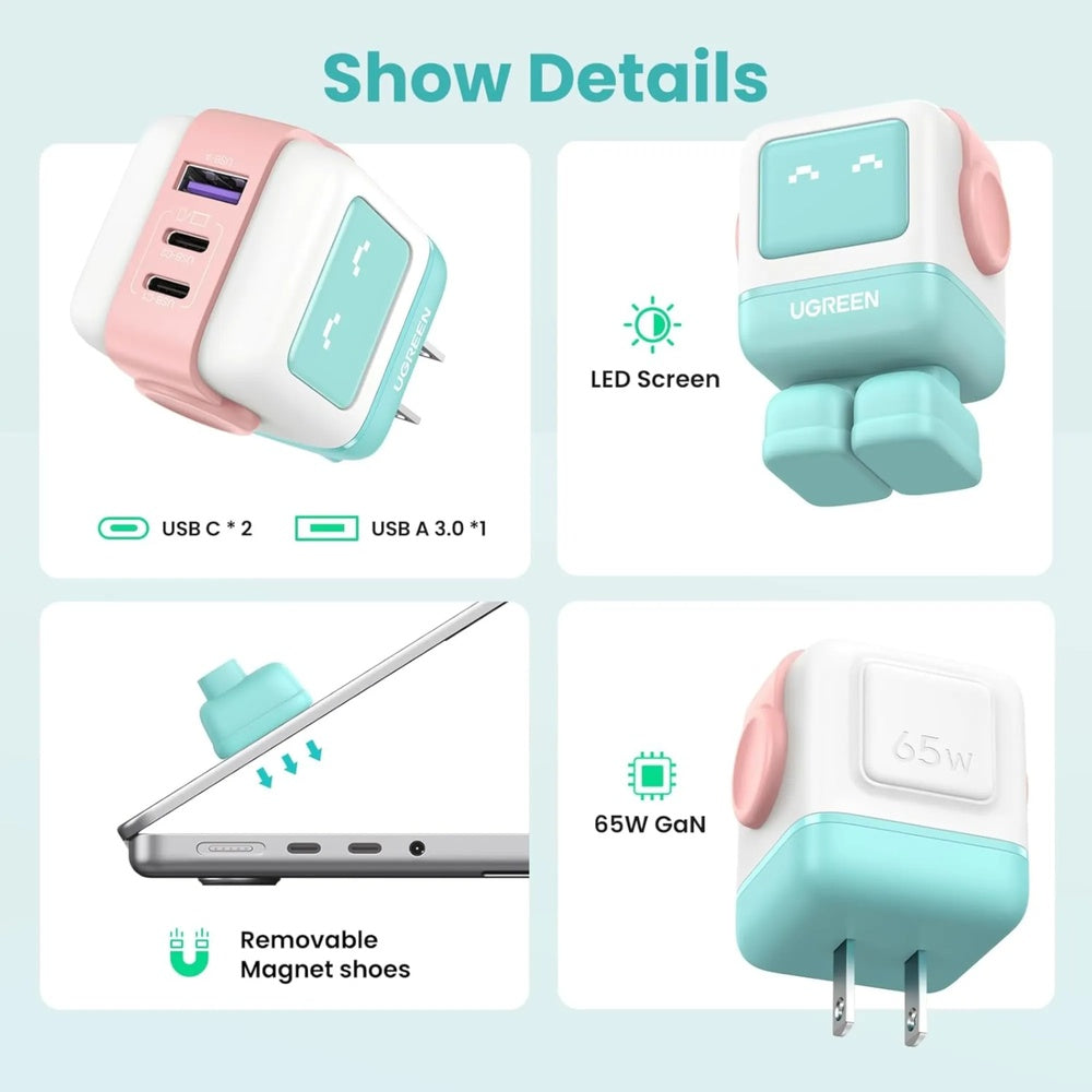 Cargador Ugreen USB-C 65W Nexode Robot GaN con Pantalla LED Puertos 1xUSB-A 3.0 y 2xUSB-C color Rosa+Azul 35856