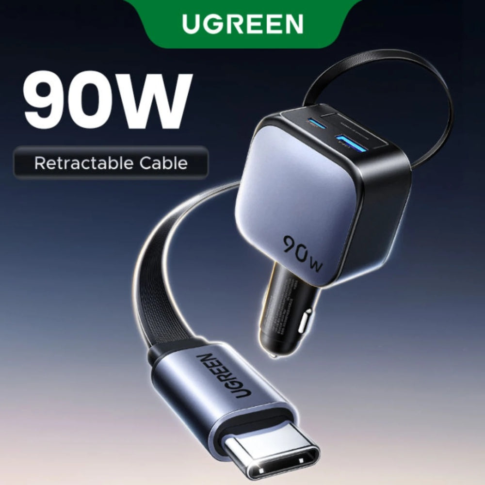 Cargador Ugreen de Vehiculo 90W con Cable Retractil 70cm Puertos 1xUSB-A 1xUSB-C Compatibilidad Universal 55909B