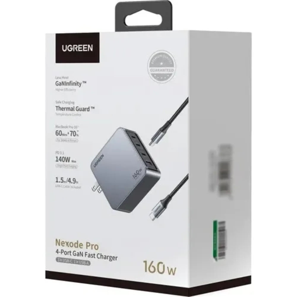 Cargador Ugreen Nexode Pro 160W GaN Carga Simultaneo 4 Equipos 3xUSB-C 1xUSB-A Incluye Cable de Carga 25876