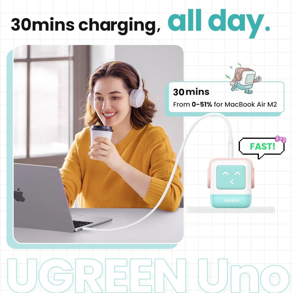 Cargador Ugreen USB-C 65W Nexode Robot GaN con Pantalla LED Puertos 1xUSB-A 3.0 y 2xUSB-C color Rosa+Azul 35856