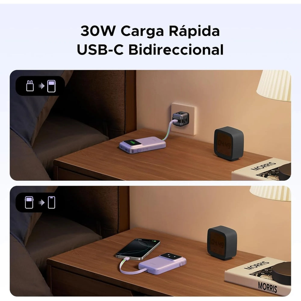 Power Bank Ugreen 10.000mAh 30W Robot Pantalla Digital 2xUSB-C 1xUSB-A Soporta SCP QC3.0 PD3.0 color Purpura 35604B