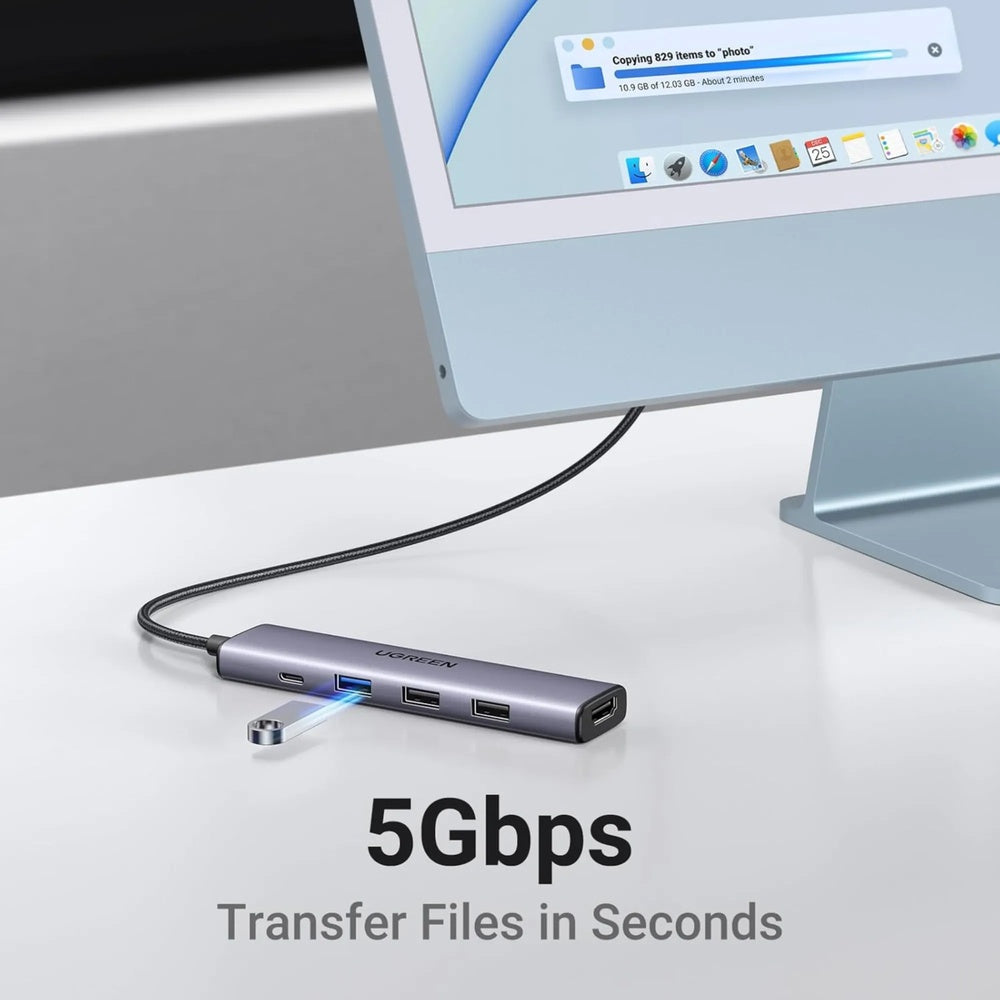 Adaptador Ugreen USB-C Multifuncional Revodok 5en1 HDMI 4K 30fps USB-C PD 100W USB-A 3.0 5Gbps 2xUSB-A 480Mbps 15495