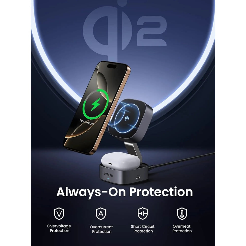 Cargador Inalambrico Ugreen Magnetico 2en1 Magflow Qi2 Magsafe Carga Simultanea + 1xUSB-C Plegable Portatil 35316