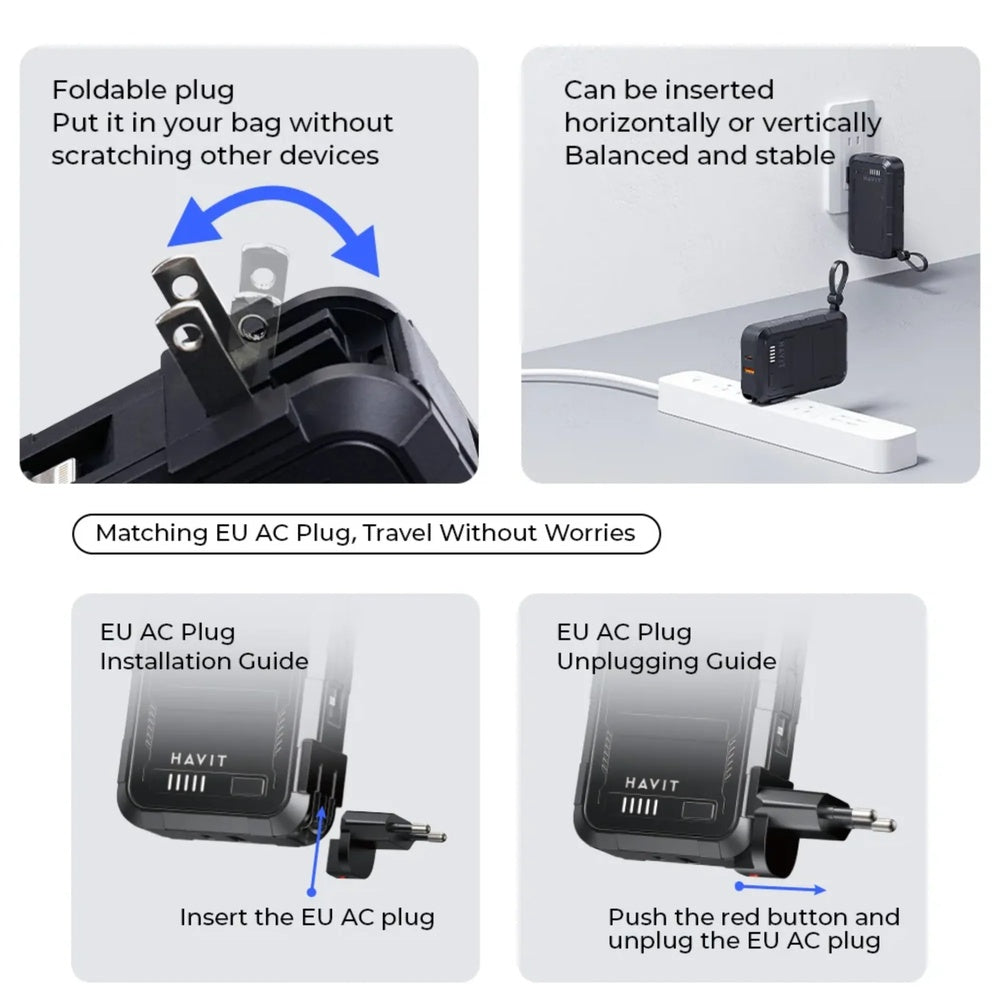 Power Bank Havit 20.000mAh 3en1 + Cargador AC con Enchufe EU+US + Cable Integrado Lightning y USB-C PB5231 EU+US-BK