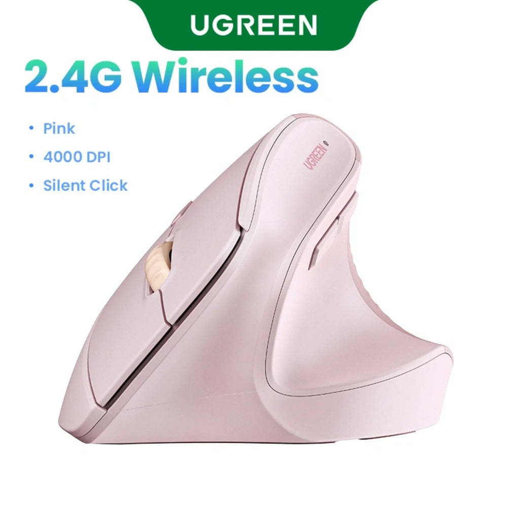 Mouse Ugreen Ergonomico Vertical Inalambrico 2.4GHz Alta Precision Botones Multifuncion 4000DPI color Rosado 55917