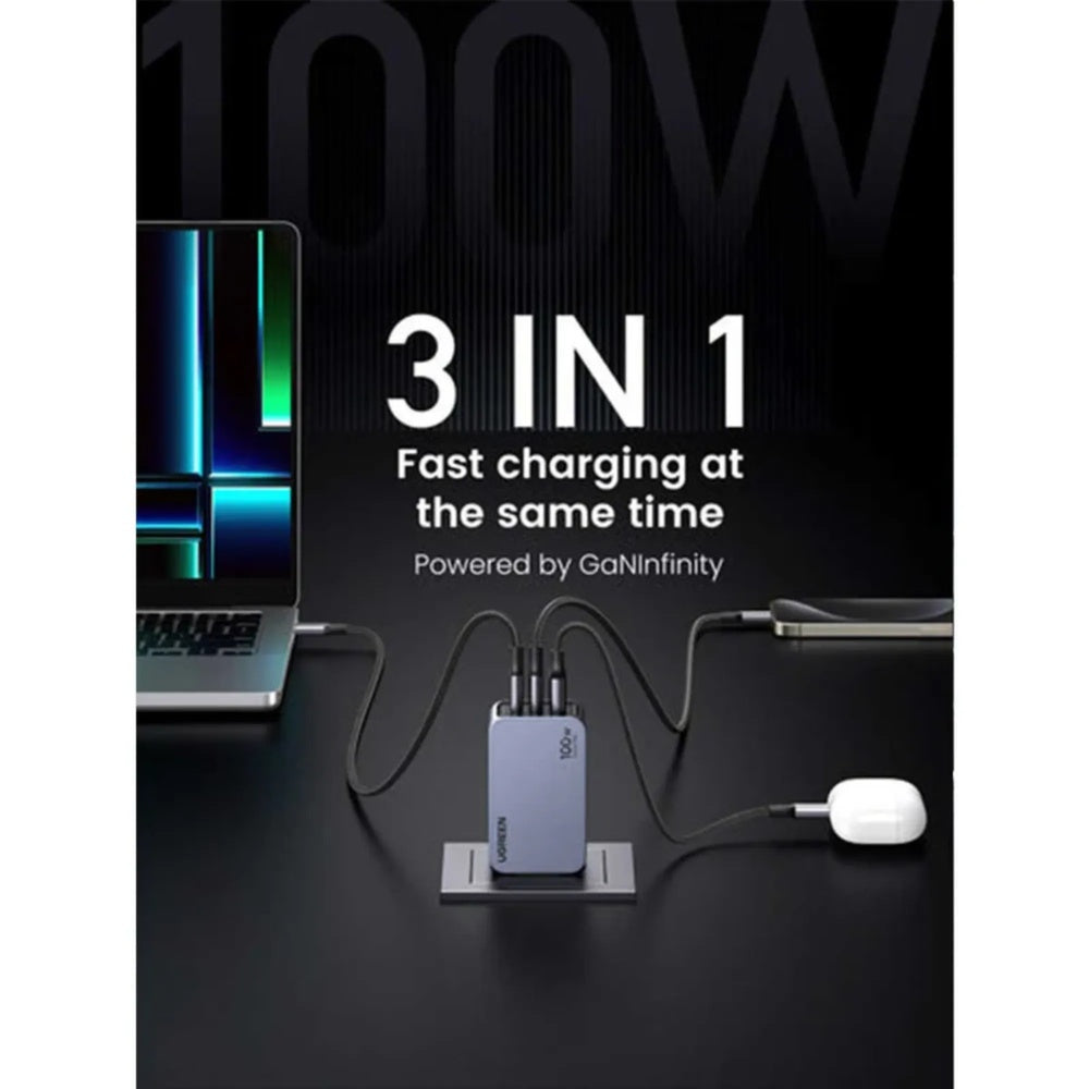 Cargador Ugreen Nexode Pro 100W GaN Carga Simultaneo 3 Equipos 2xUSB-C 1xUSB-A Proteccion Thermalguard 25873