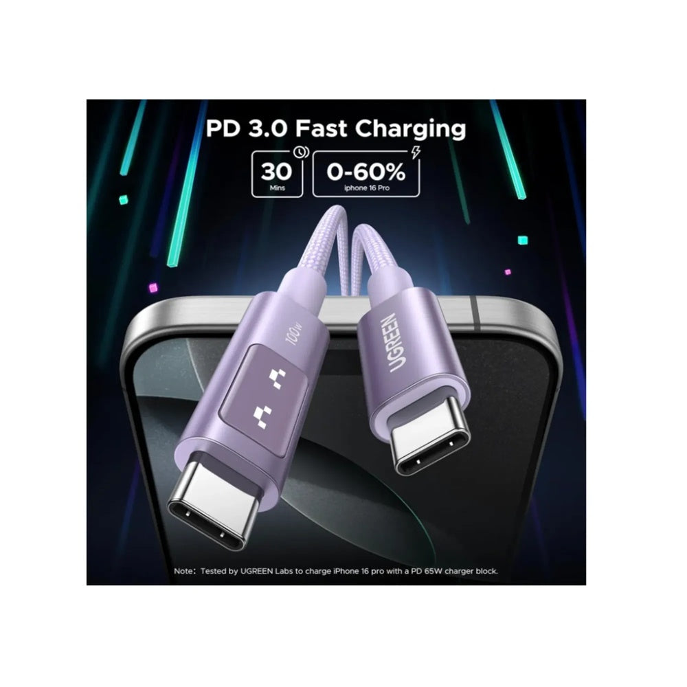 Cable Ugreen Robot USB-C a USB-C 100W Longitud 1m Transferencia de Datos Pantalla LED con Expresion color Lila 35501