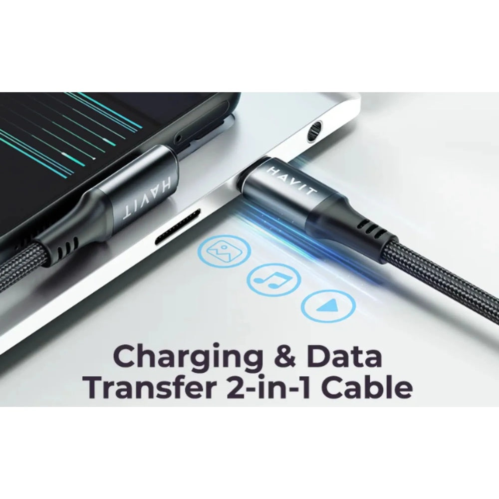 Cable de Carga Havit USB-C a USB-C 3m PD60W Puerto de Carga Curvo Transferencia Datos+Carga CB6314-BB