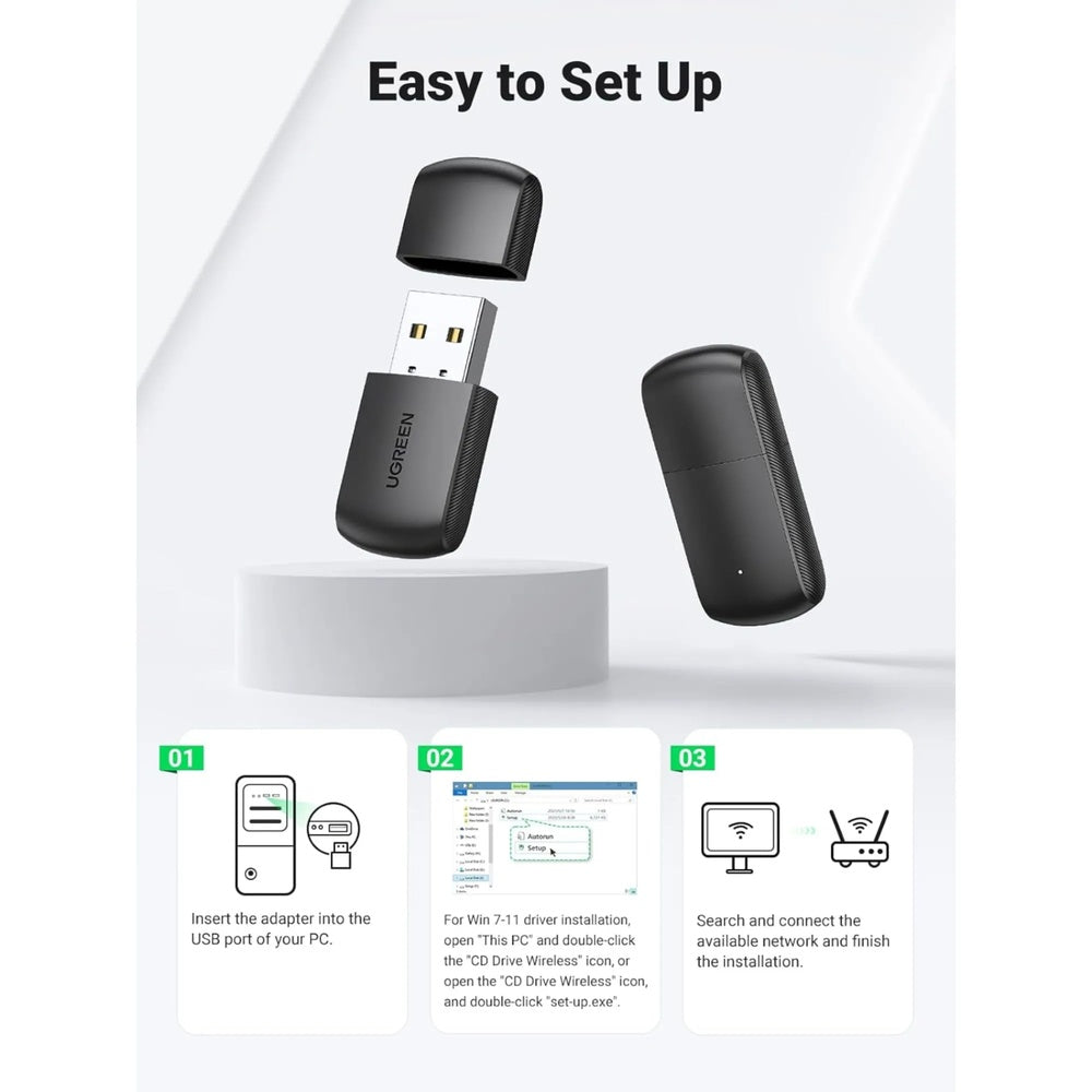 Adaptador Ugreen USB-A a WiFi Doble Banda AC650 2.4GHz 200Mbps 5GHz 433Mbps No Incluye Tapa 20204