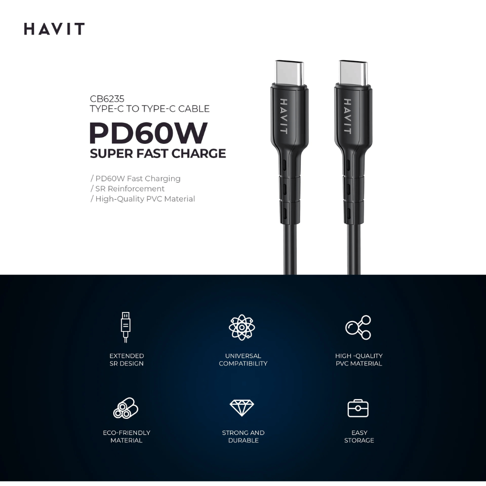 Cable USB-C a USB-C Havit PD60W 3Amp Cable de Carga y Transmision de Datos Longitud 1metro CB6235-BLACK