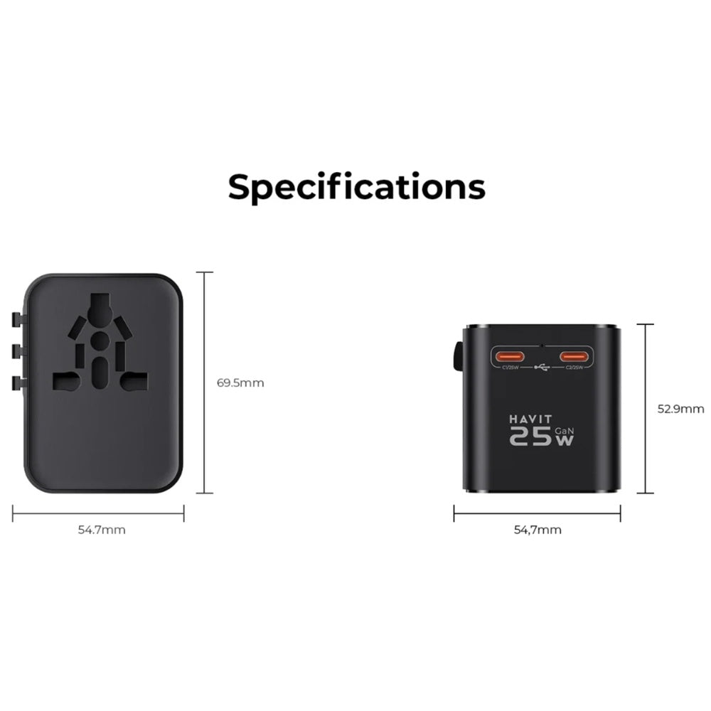 Cargador Havit 25W de Viaje Universal Soporta 4 Dispositivos al mismo tiempo 1xUSB-A 2xUSB-C 1xSalida AC UCT700-BK