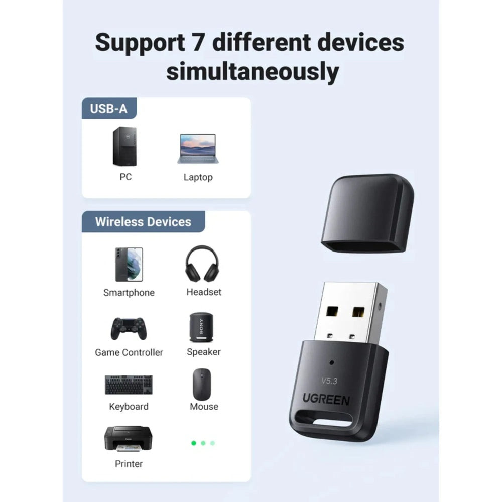 Adaptador Ugreen USB-A a Bluetooth v5.3 BR+EDR BLE Soporta 7 Dispositivos en Simultaneo Indicador LED 90225
