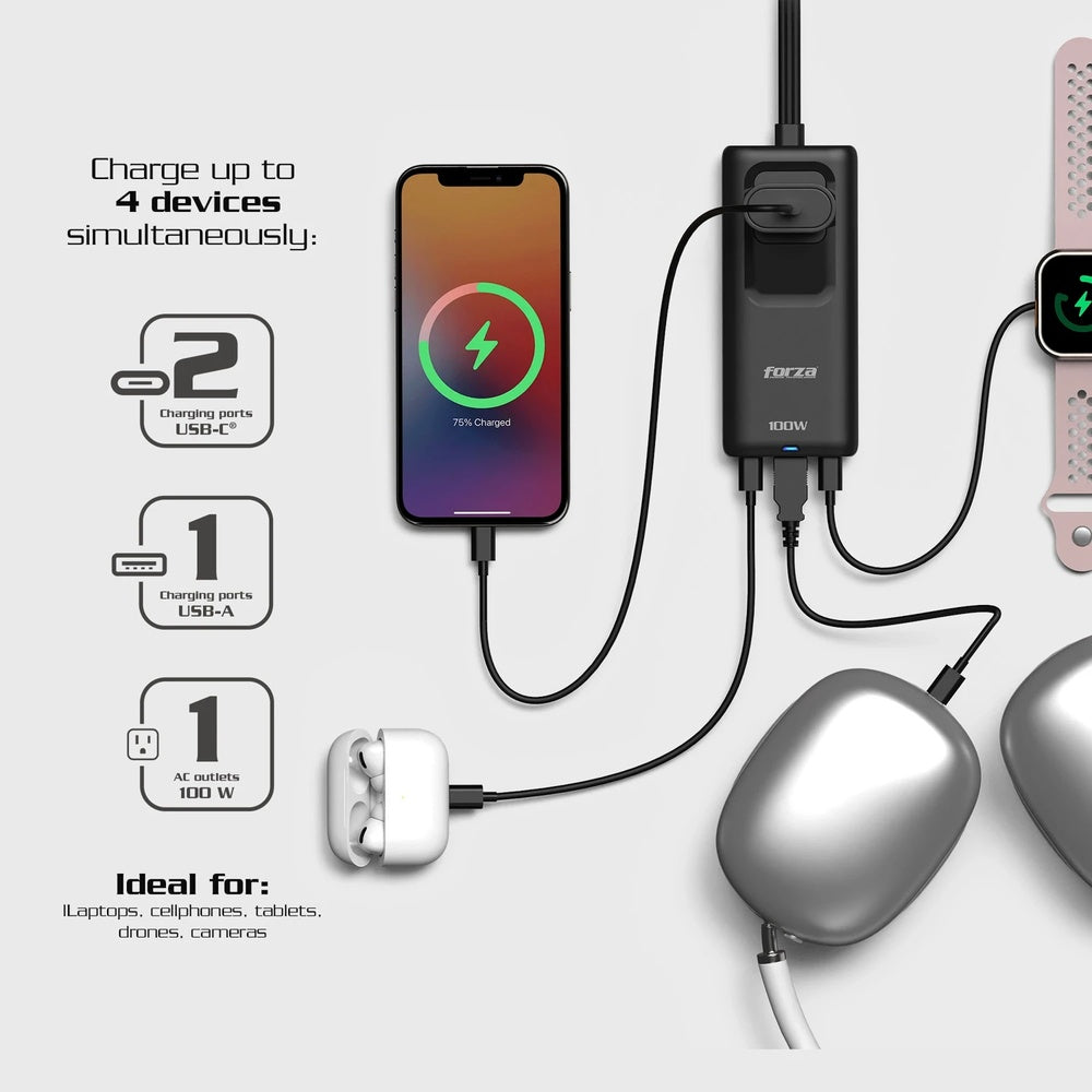 Cargador Rapido Forza 100Watts con Regleta de 1250Watts Salida 1xNEMA 5-15R 1xUSB-A 2xUSB-C PS-1100USBC