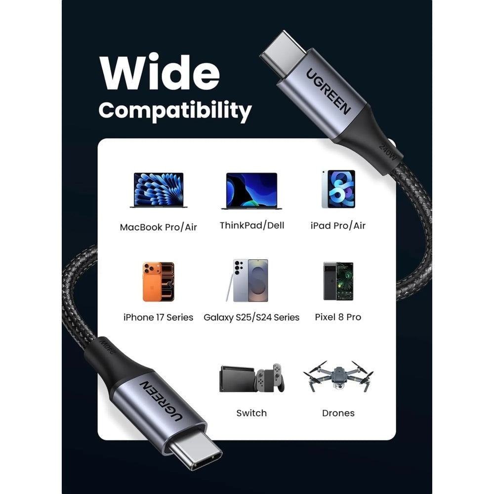 Cable Ugreen USB-C a USB-C 240W Ultra Power PD3.1 48V 5A Diseño Ultra Resistente Compatibilidad Universal Largo 2m 90440