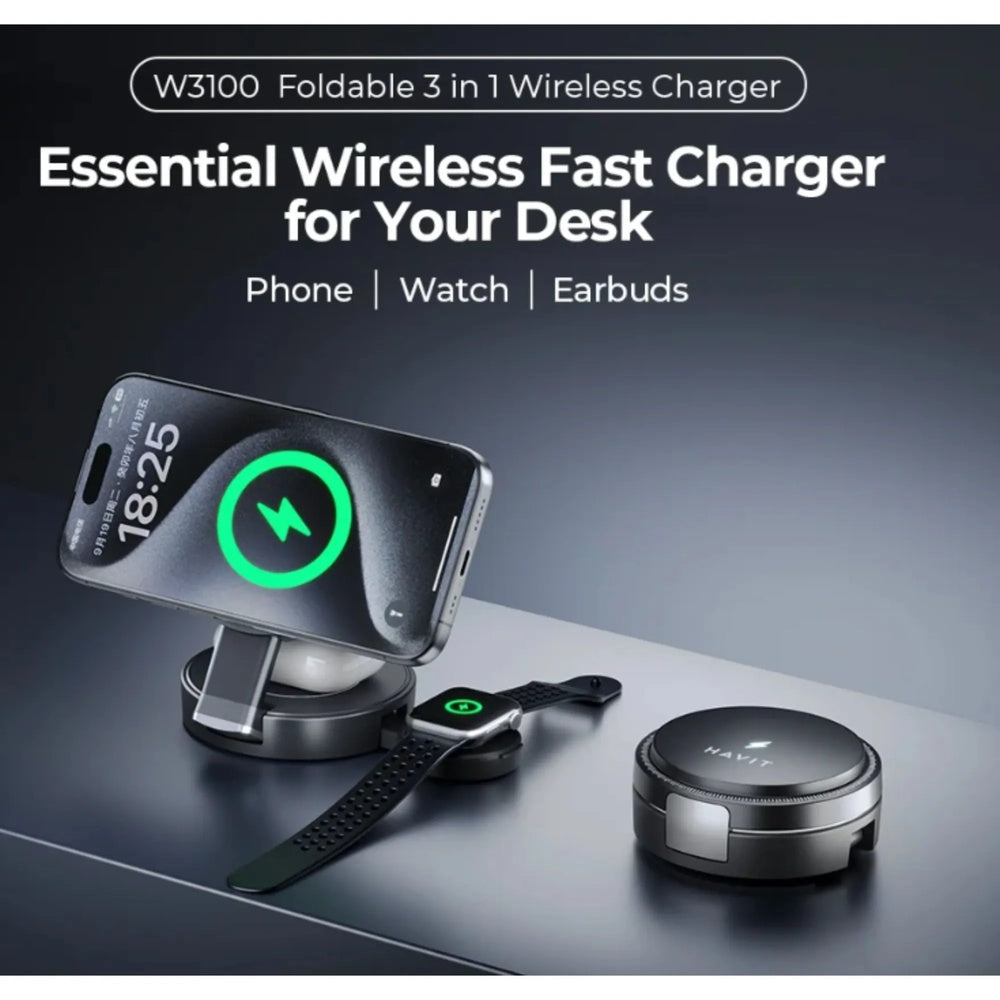 Estacion de Carga 3en1 Havit Plegable 15W Carga Rapida y Eficiente Auriculares 5W Diseño Premium y Compacto W3100