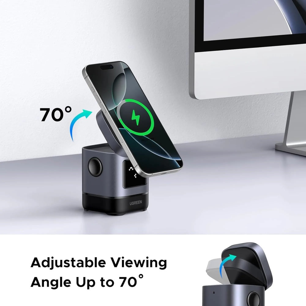 Cargador Ugreen Robot Qi2 2en1 15W Pantalla Frontal con Expresiones de Carga Sujecion Magnetica Ajuste de Angulo 45775