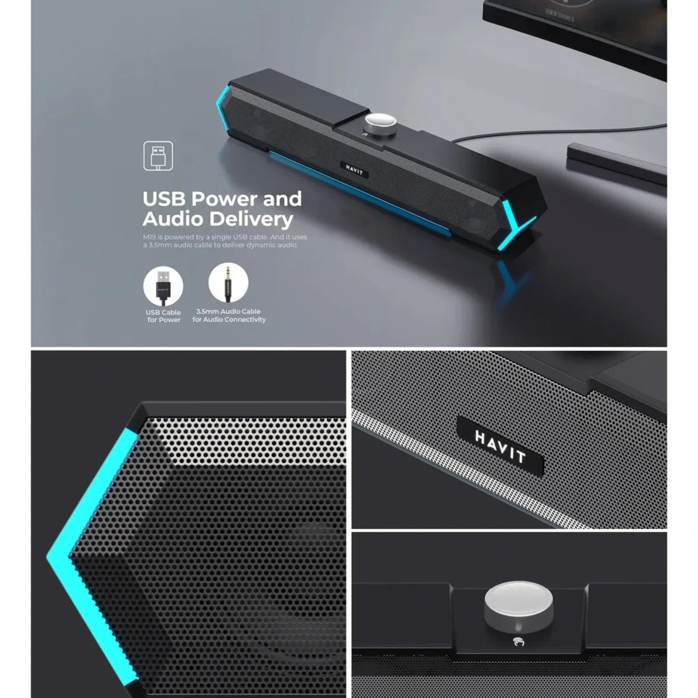 Barra de Sonido Gamer Havit RGB Drivers 52mm Conexion AUX 3.5mm Multiplataforma Potencia 3Wx2 Cable 1.2m M19