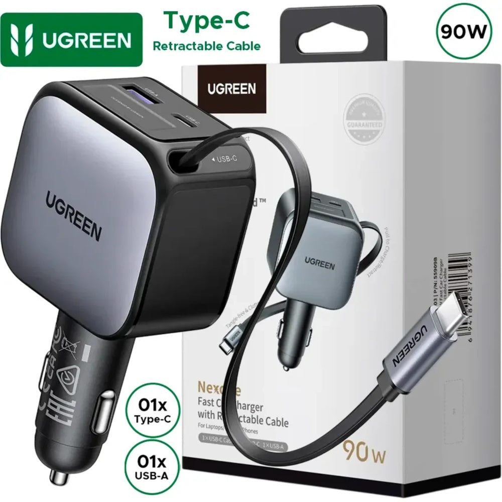 Cargador Ugreen de Vehiculo 90W con Cable Retractil 70cm Puertos 1xUSB-A 1xUSB-C Compatibilidad Universal 55909B