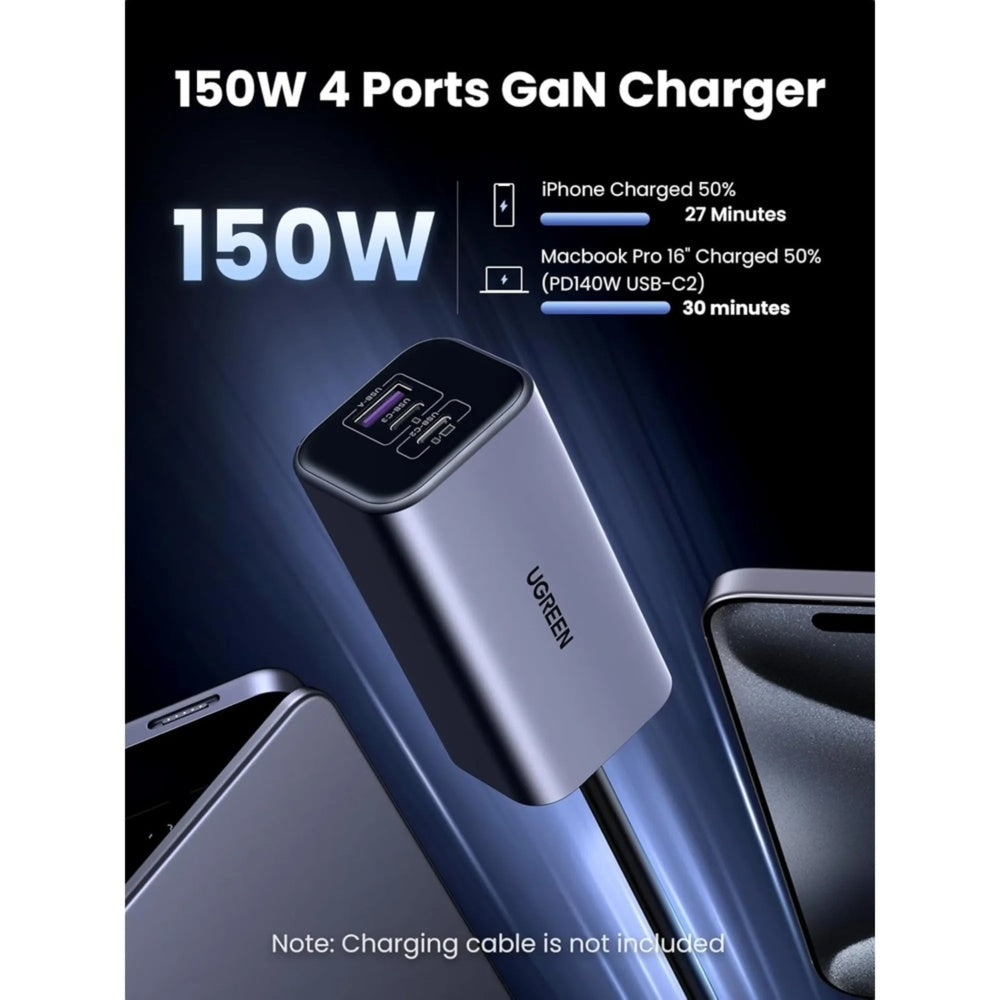 Cargador Ugreen de Vehiculo 150W 4 Puertos de Carga Inteligente 3xUSB-C 1xUSB-A Cable Integrado 1m 35571