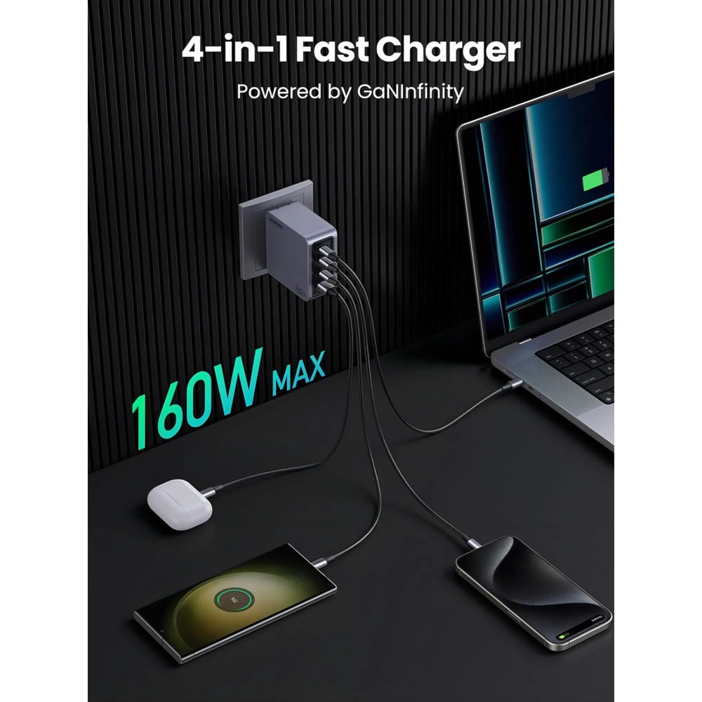 Cargador Ugreen Nexode Pro 160W GaN Carga Simultaneo 4 Equipos 3xUSB-C 1xUSB-A Incluye Cable de Carga 25876
