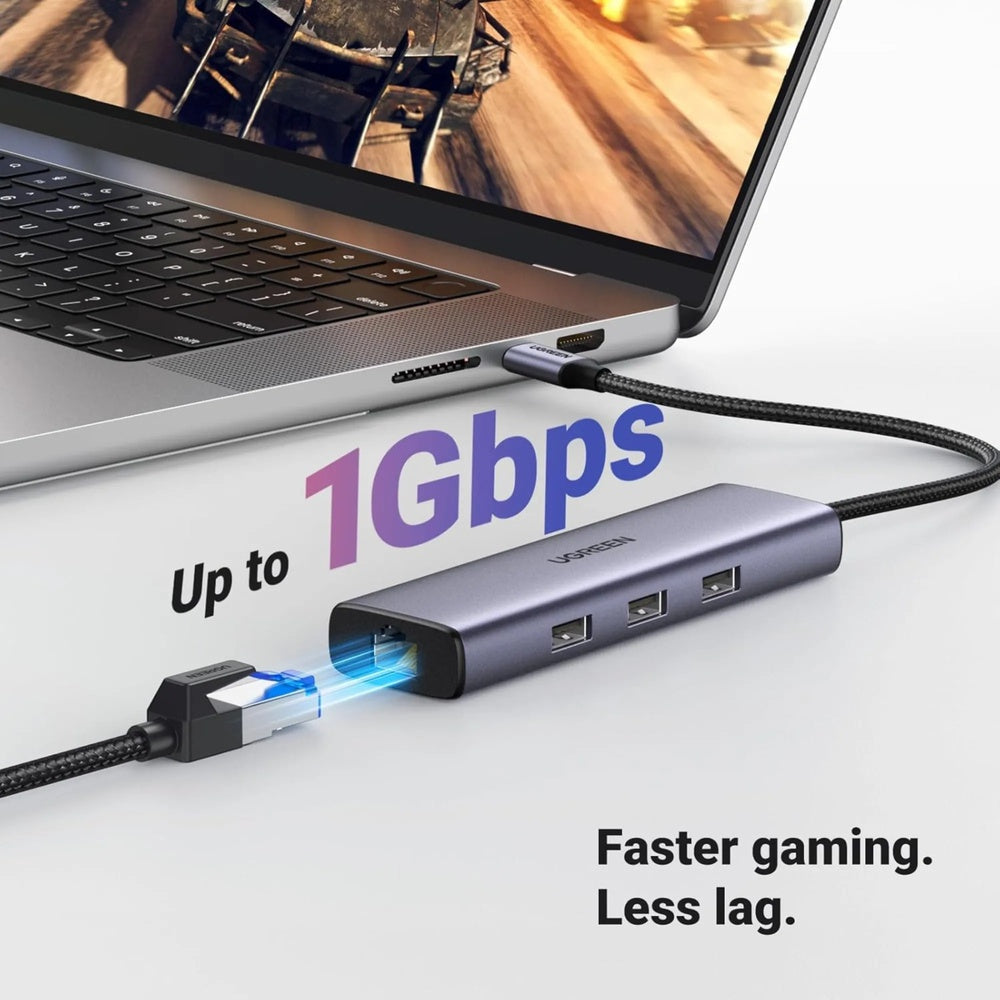 Hub USB-C Ugreen 6en1 1xHDMI 4K 30Hz 1xEthernet Gigabit 3xUSB-A 3.0 5Gbps PD100W Premium Metalico y Elegante 15598