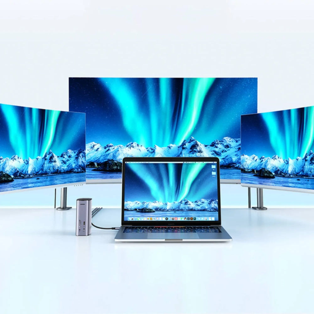 Hub Ugreen Multipuertos 12en1 Conexion USB-C Expande 3 o 4 Monitores WIN MAC PD 100W Transferencia 10Gbps Aluminio 90325