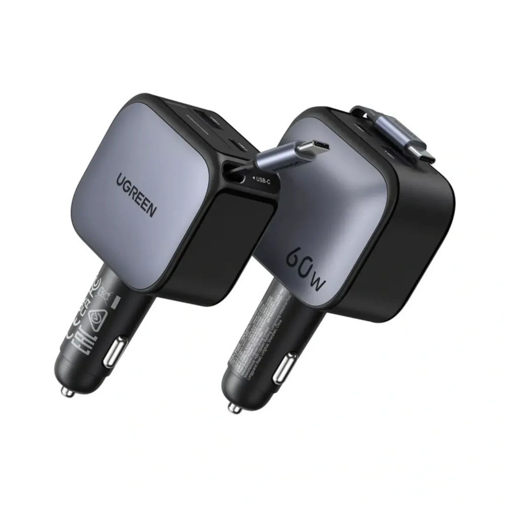 Cargador Ugreen de Vehiculo 60W con Cable Retractil 70cm Puertos 1xUSB-A 1xUSB-C Compatibilidad Universal 55212B