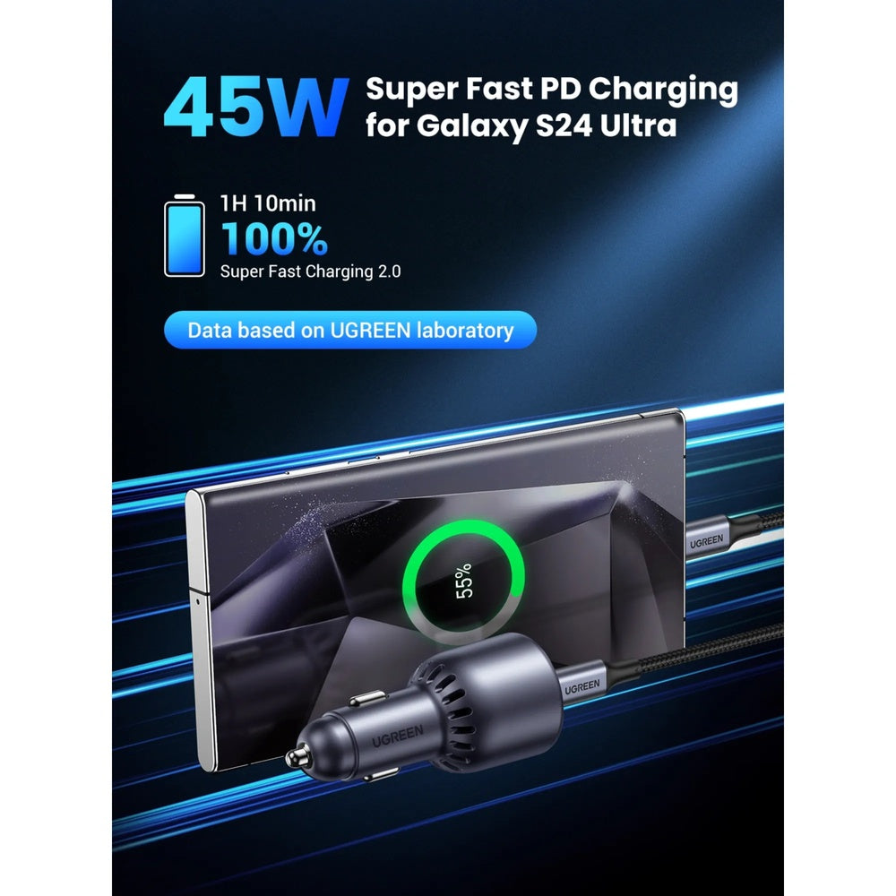 Cargador Ugreen de Vehiculo 63W Carga Ultra Rapida USB-C hasta 45W USB-A hasta 18W Compatible PC 3.0 QC 3.0 35023-EC701