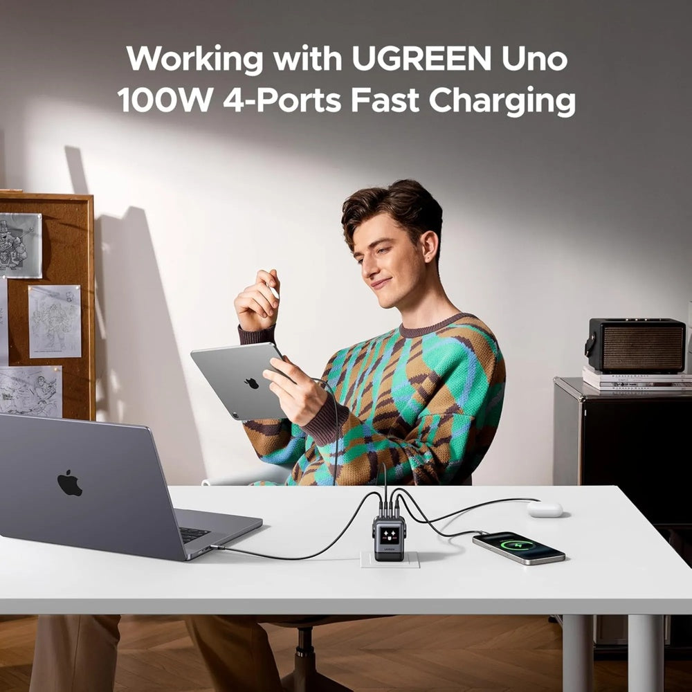 Cargador Ugreen Uno GaN 100W Carga hasta 4 Dispositivos Puertos 3xUSB-C y 1xUSB-A Pantalla Inteligente 45514B