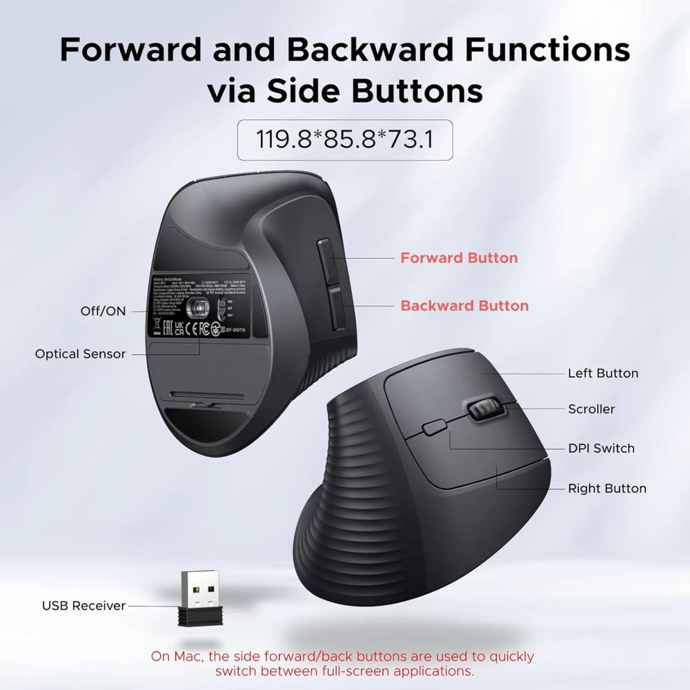 Mouse Ugreen Ergonomico Vertical Inalambrico 2.4GHz Alta Precision Botones Multifuncion 4000DPI color Negro 55916