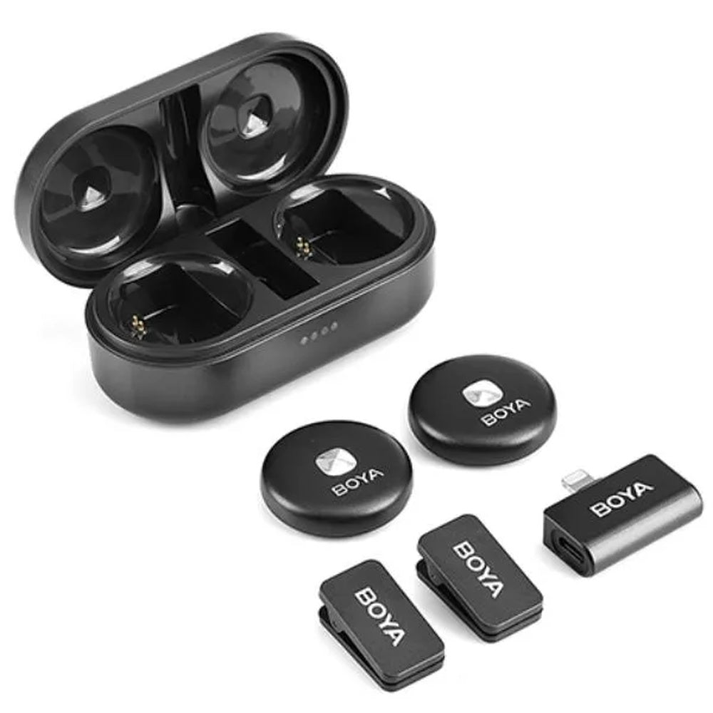 Microfono Inalambrico Boya Doble Canal Audio HD 48KHz con NC Activo Bateria 5Horas Alcance 50m Puerto Lightning Omic-D