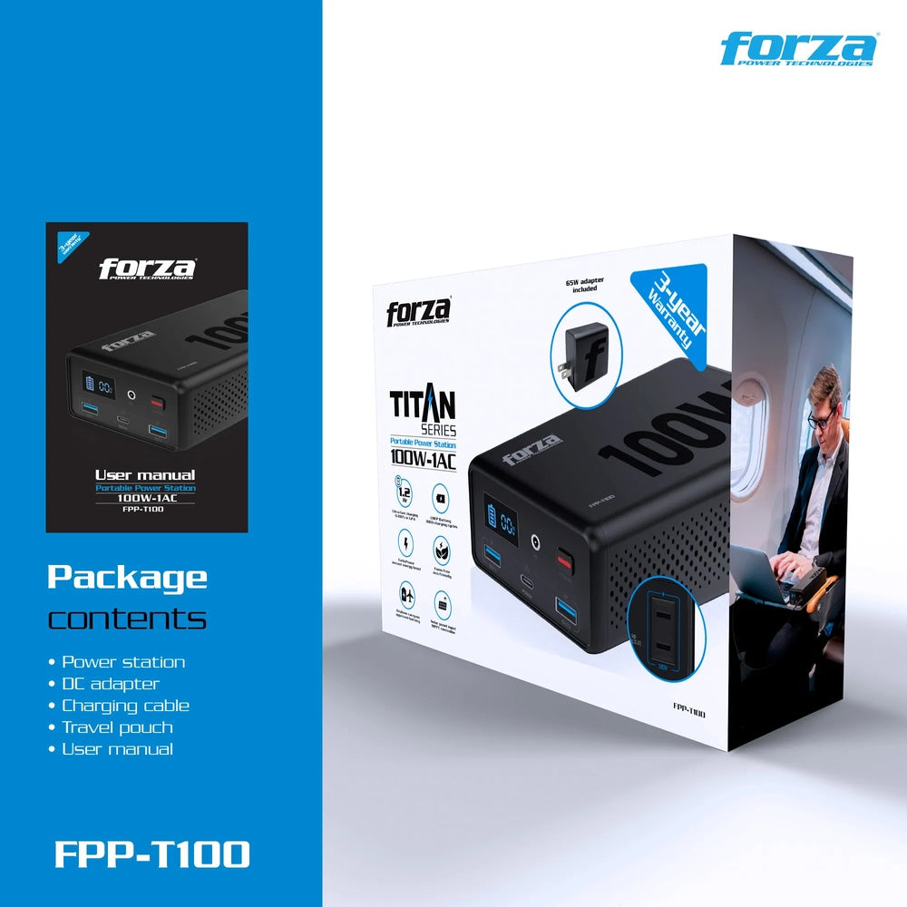 Fuente de Alimentación Portatil Forza de 100W Salida 1xNEMA 5-15R 2xUSB-A 1xUSB-C PD 65W Bateria LifePO4 FPP-T100