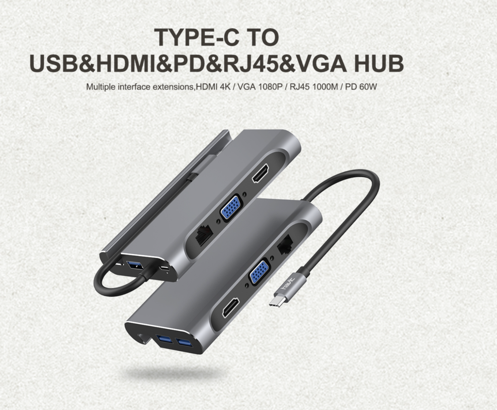 Hub USB-C Havit  7en1 con Puertos Ethernet VGA HDMI USB-C 3x USB-A 3.1 HB4001