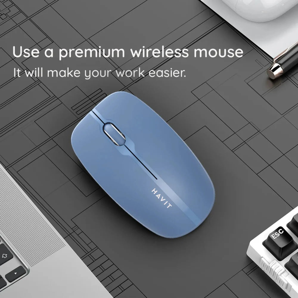 Mouse Havit Inalambrico Conexion Dual 2.4GHz y BT v5.2 Alcance 10m 1600DPI color Azul MS53WB-BL